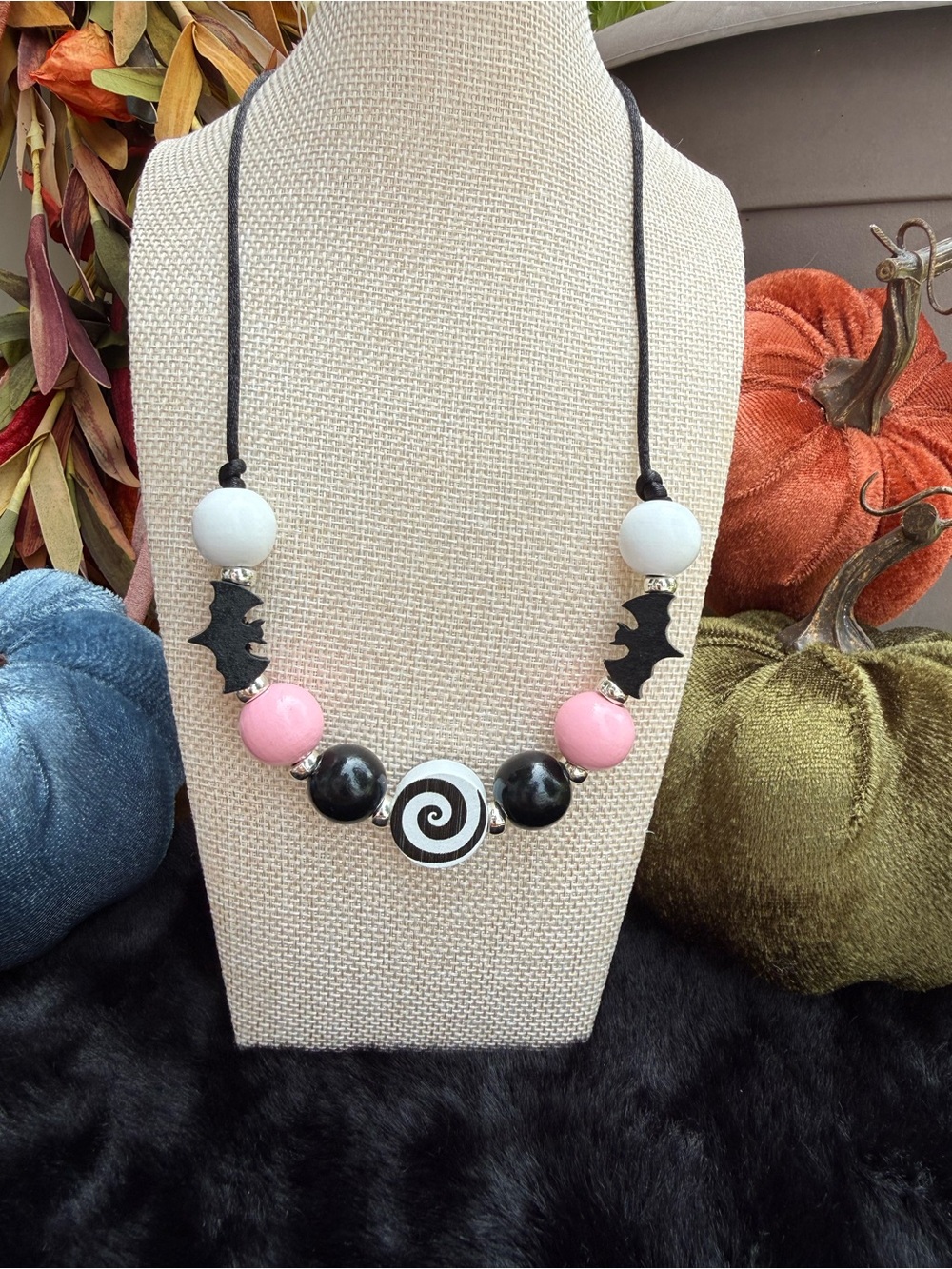 Halloween Spiraling Bats Bubblegum Wood Necklace